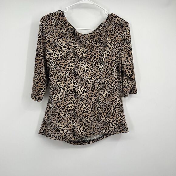 Womens VTG Animal Print Y2K Blouse L 3/4 Sleeves Vneck Cheetah Casual Rockabilly - Picture 6 of 9